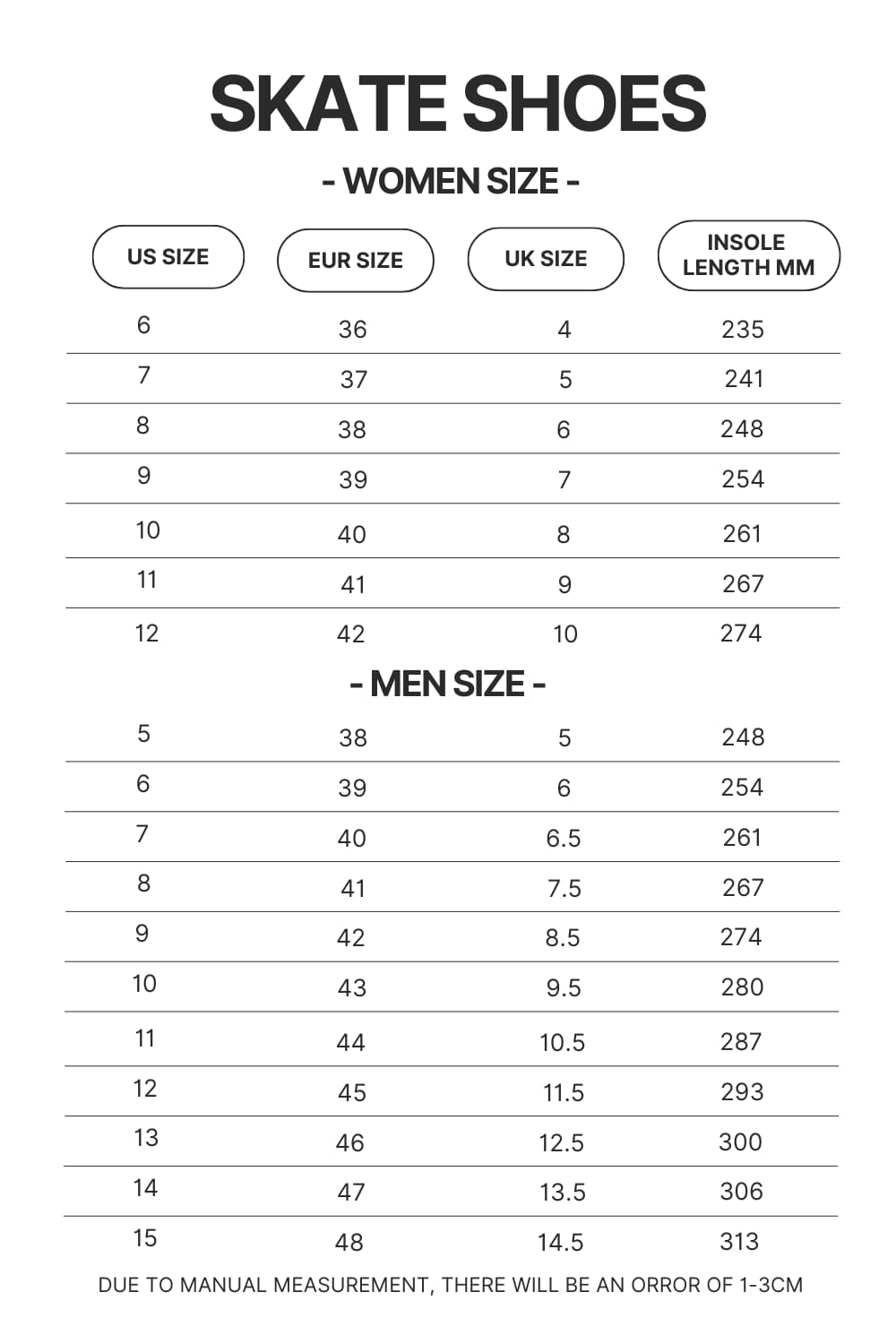 Product size chart
