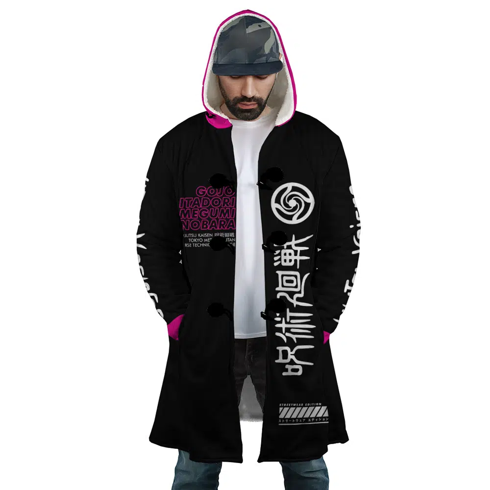 Pink Gojo JK AOP Hooded Cloak Coat FRONT Mockup - Jujutsu Kaisen Gifts