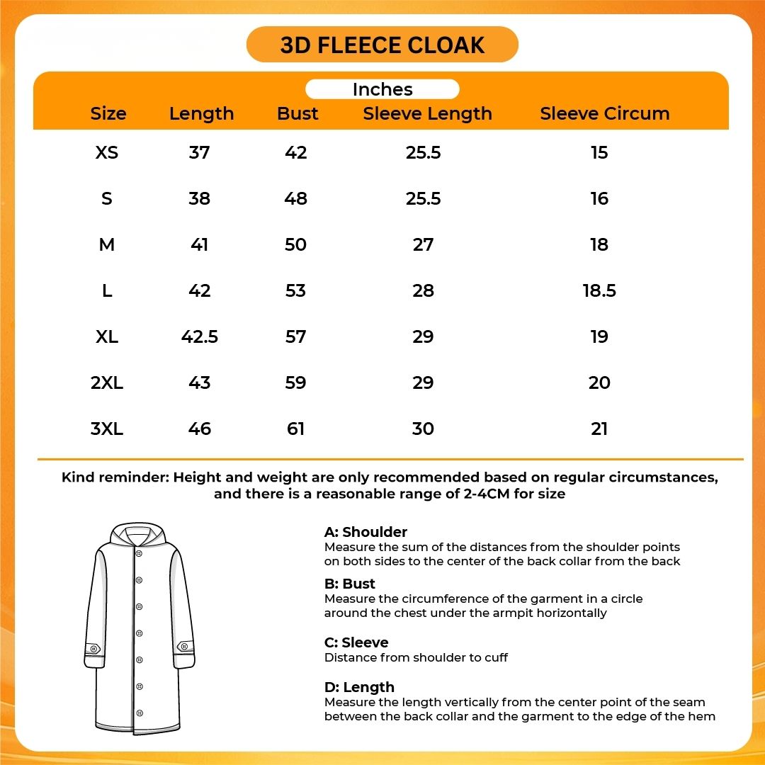 3D Fleece Cloak Size Chart 2 - Jujutsu Kaisen Gifts