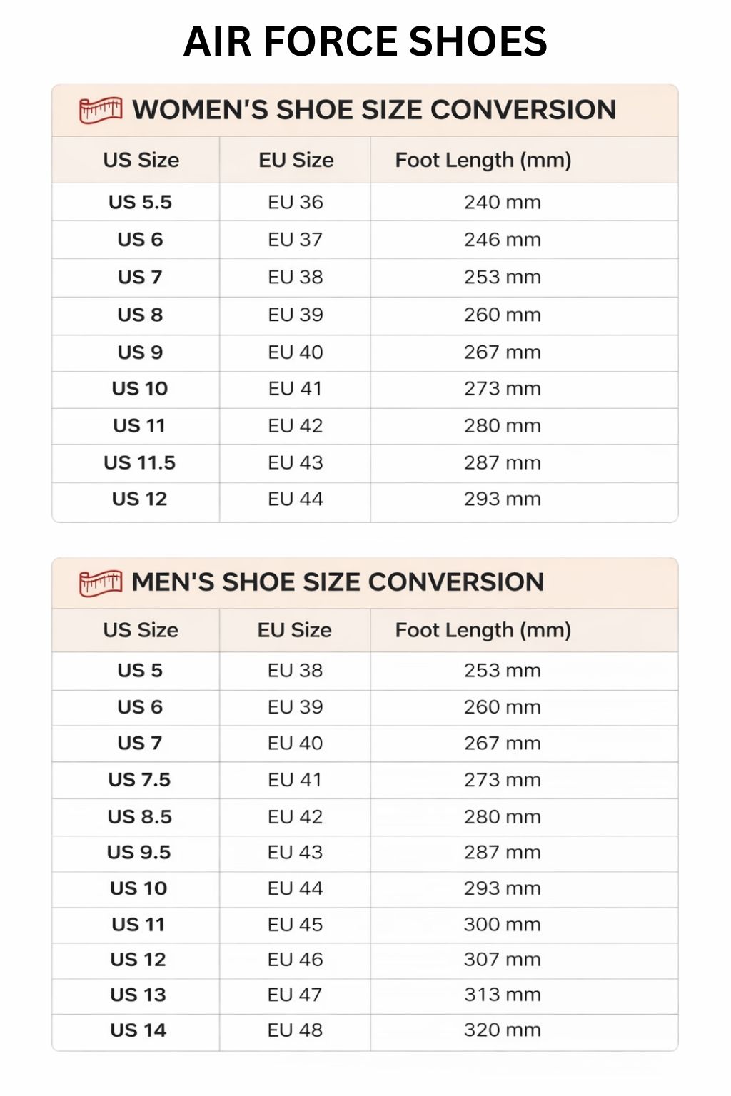 Air Force Shoes Size Chart 1 1 - Jujutsu Kaisen Gifts